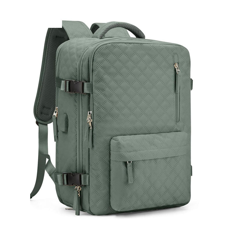 Women's Quilted Travel Backpack in Green and Lavender, featuring spacious compartments and durable Oxford cloth for college, business, and travel.
