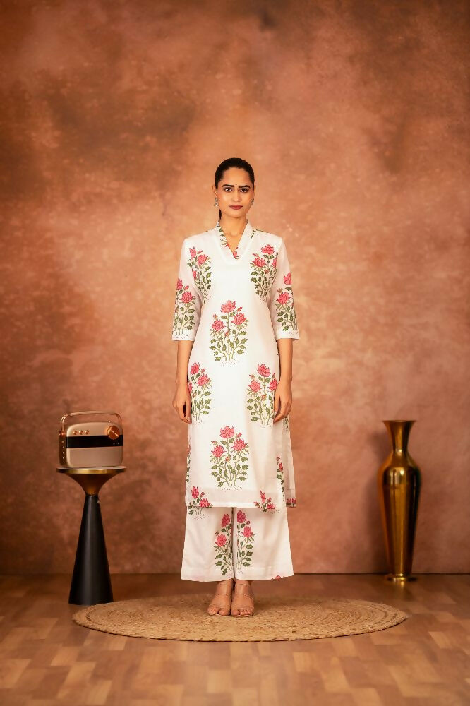 Off White Red Hand Block Printed Cotton Suit Set