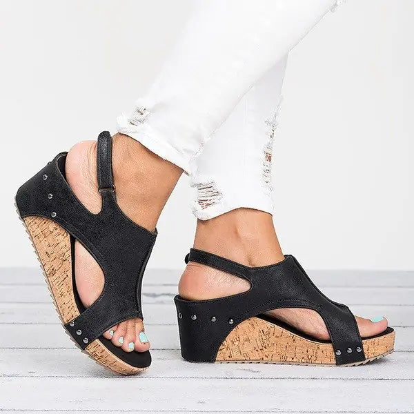 Women Wedge Peep Toe Sandals with Cork Platform and Stud Detail - Image 15