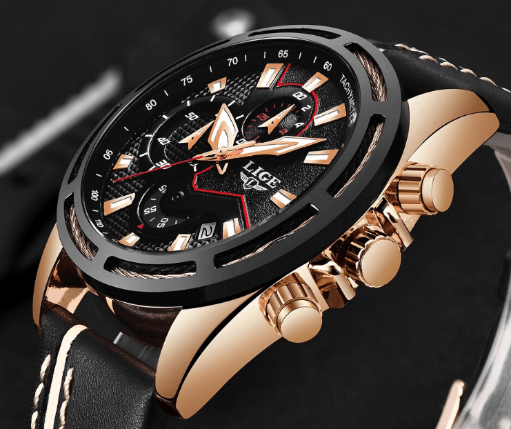 Men's Waterproof Sports Chronograph Watch with Leather Strap