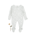 White long-sleeve baby footed romper with a subtle grey leaf print pattern.