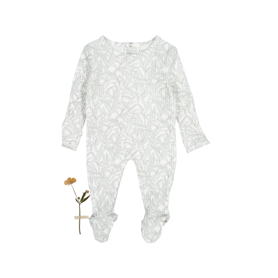 White long-sleeve baby footed romper with a subtle grey leaf print pattern.