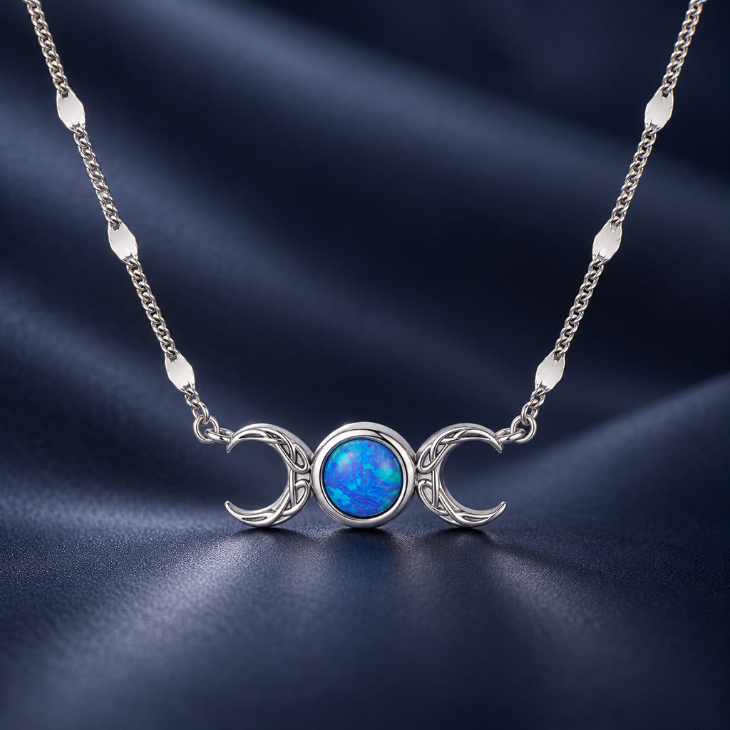 925 Sterling Silver White Gold Plated Synthetic Opal 40+5cm Pendant Necklace for Women