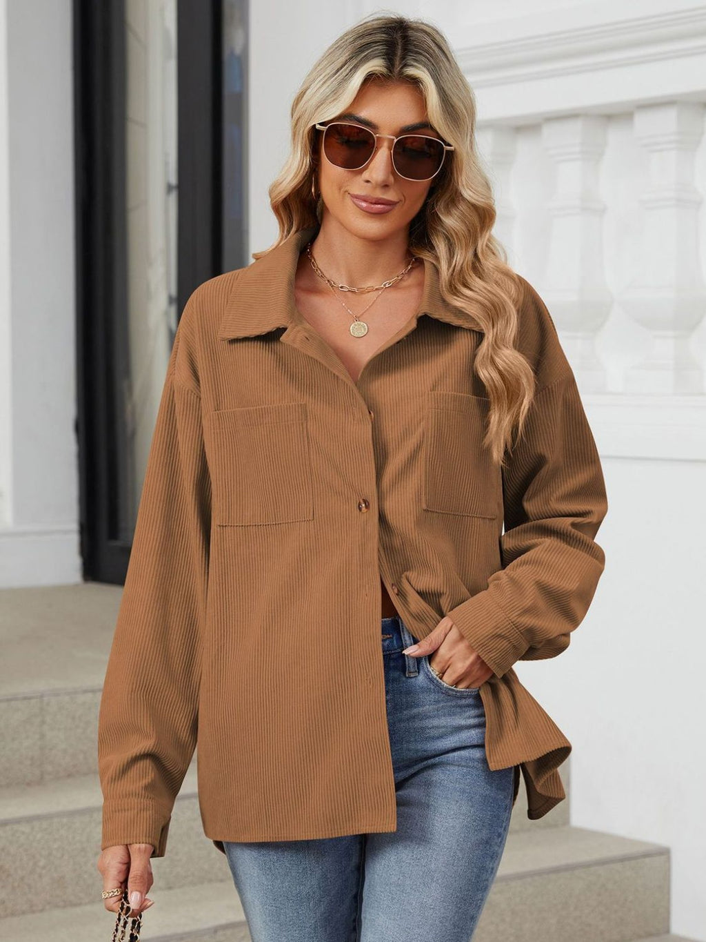 Rayon Button Up Dropped Shoulder Long Sleeve Shirt