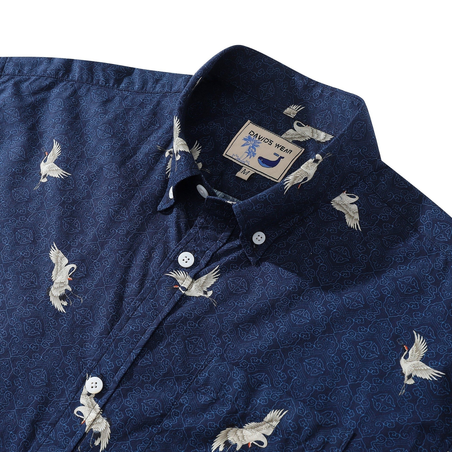 Men's Flying Crane Print Hawaiian Button Down Shirt - Blue