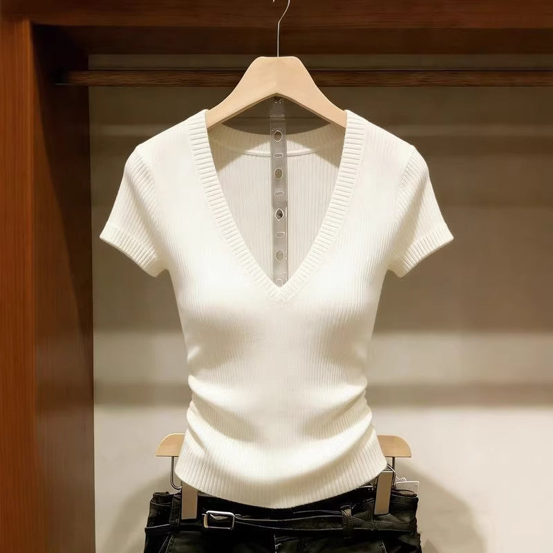 Elegant slim-fit ice silk knit top in white, beige, and dark green options.