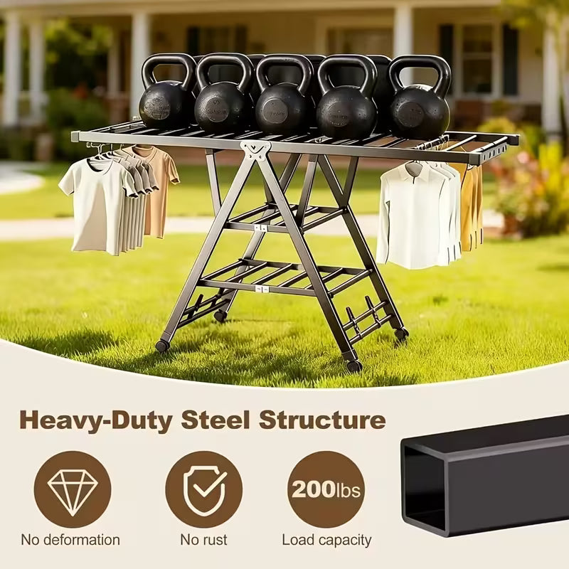 Foldable 3-Tier Clothes Drying Rack with Wheels and Shoe Rack