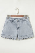 Scalloped Acid Wash High Waist Denim Shorts