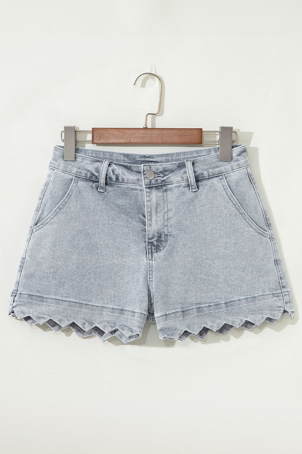 Scalloped Acid Wash High Waist Denim Shorts