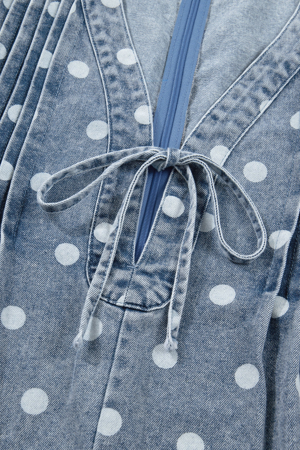 Lexi Tie Pleated Loose Romper in Blue Polka Dot Denim