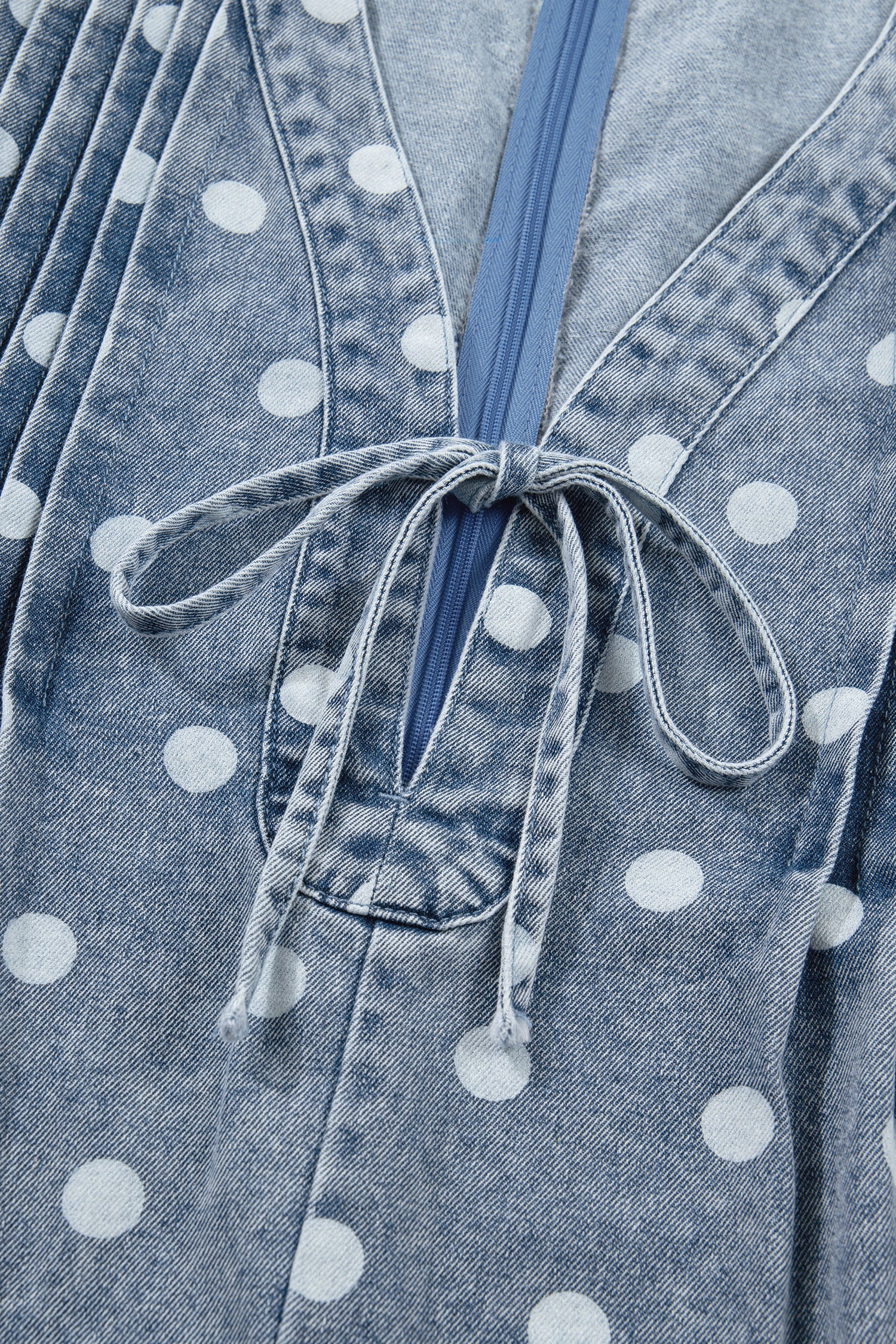 Lexi Tie Pleated Loose Romper in Blue Polka Dot Denim