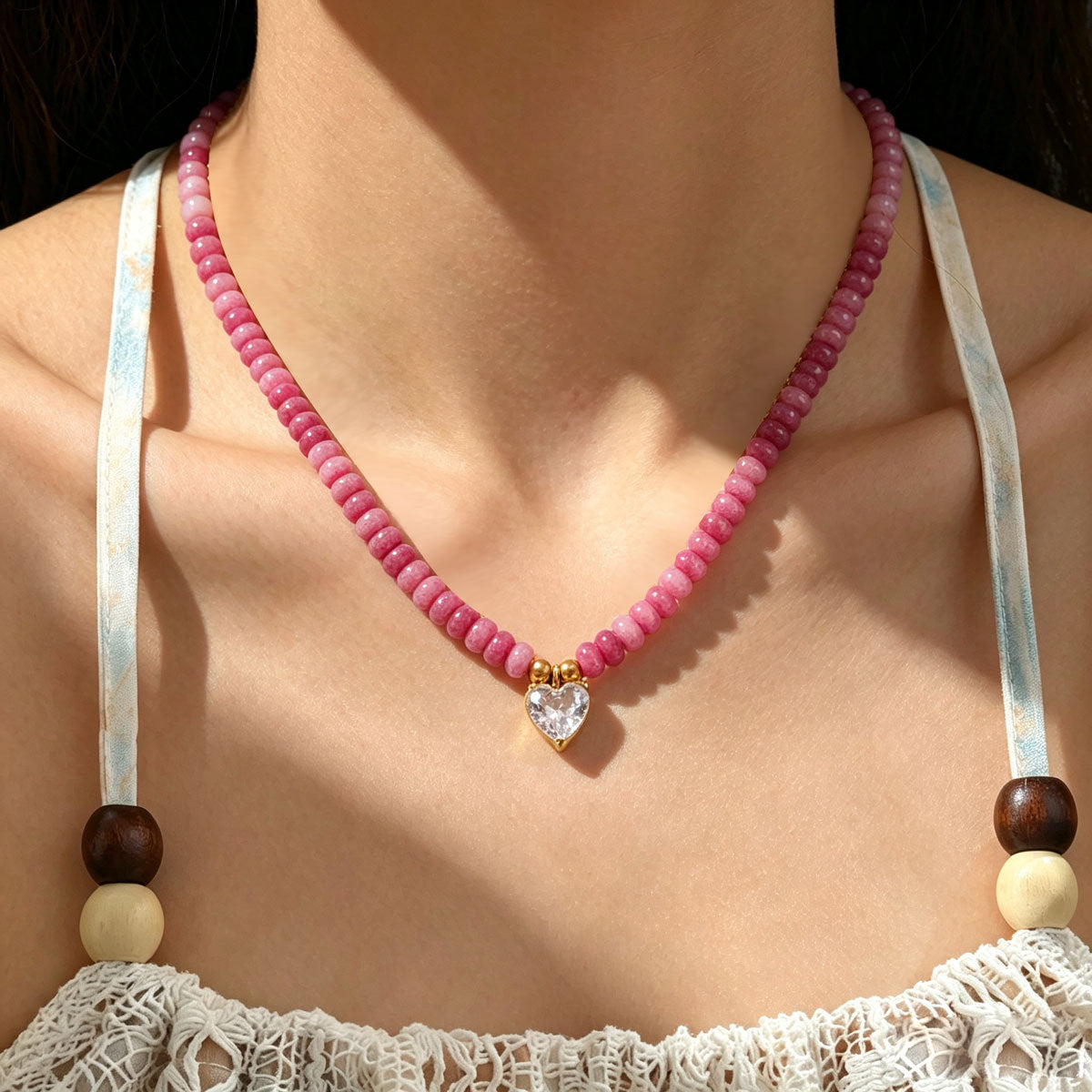 Women Blush-Tone Disc Bead Heart Cubic Zirconia Stainless Steel Choker Necklace, PVD Gold Plated Adjustable Chain For Daily Wear Valentine Gift