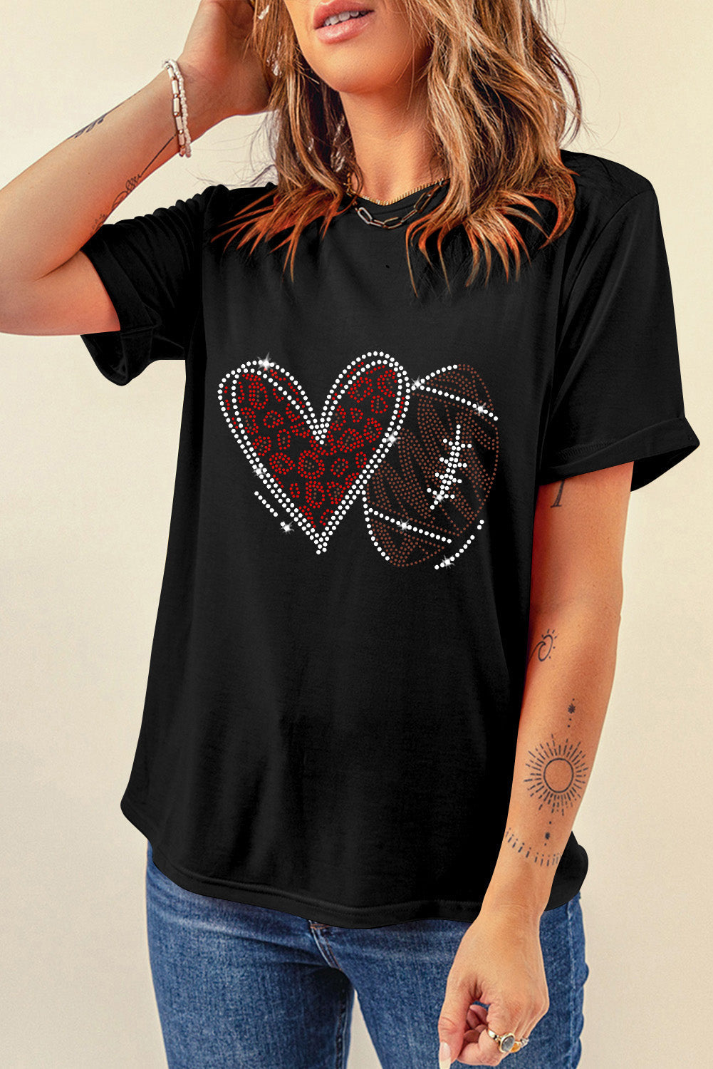 Black Rhinestone Heart Rugby Graphic Crewneck T-Shirt