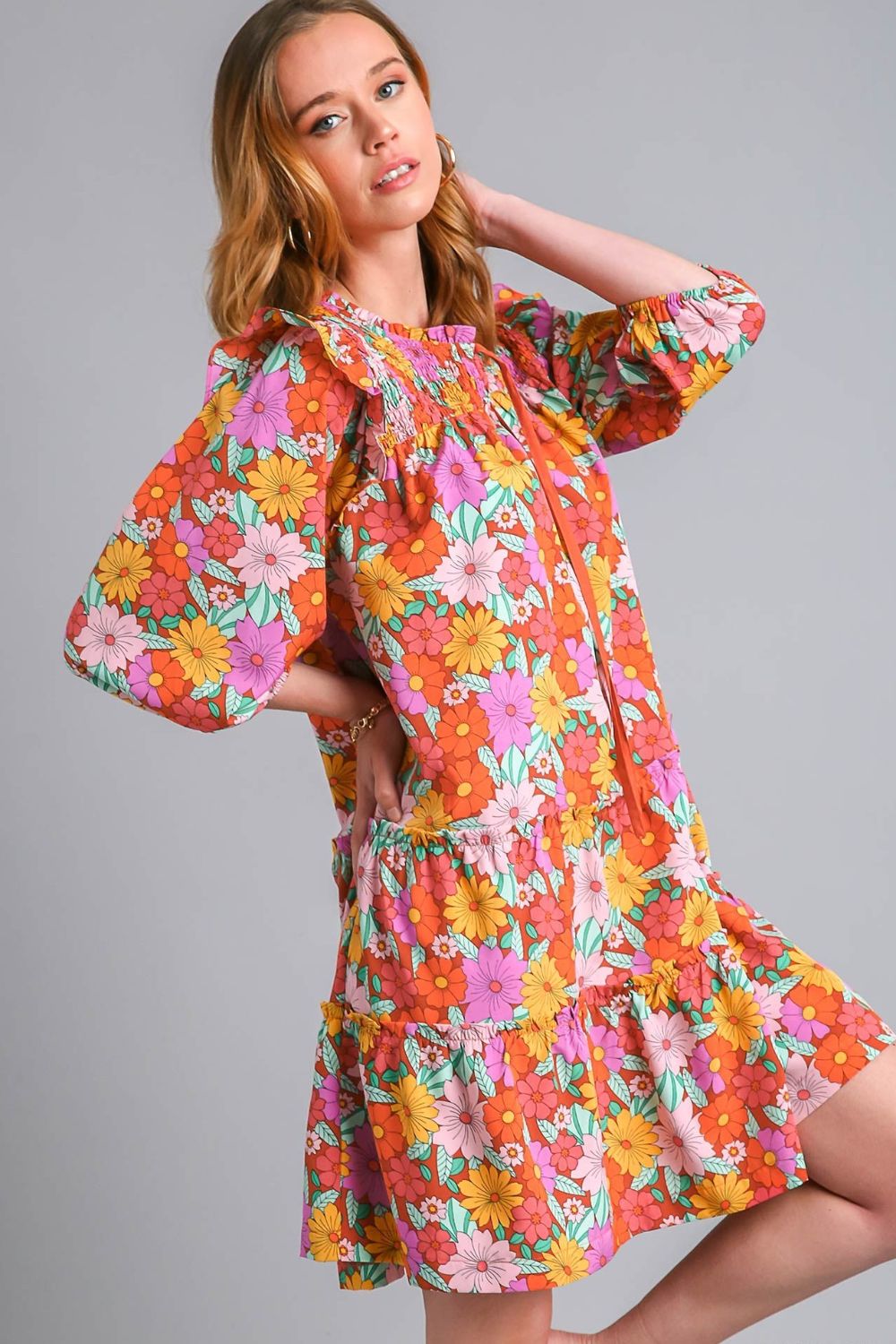 Floral Print Tiered Mini Dress with Tie Neck