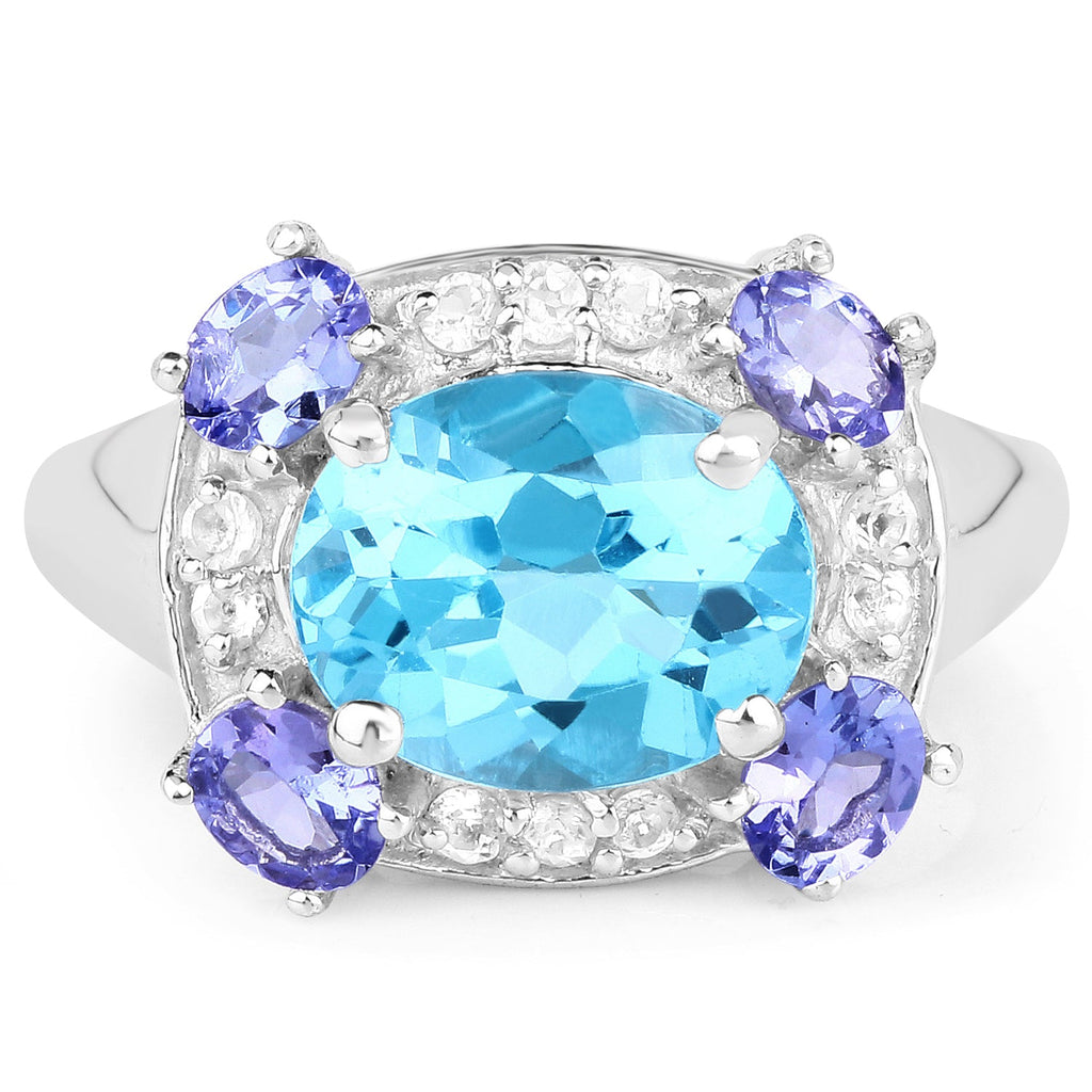 4.13 Carat Genuine Swiss Blue Topaz, Tanzanite & White Topaz .925 Sterling Silver Ring