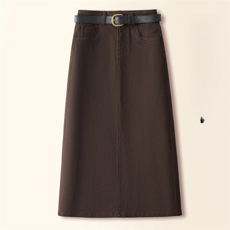 Brown A-Line Straight Skirt Retro Slit Hip Skirt