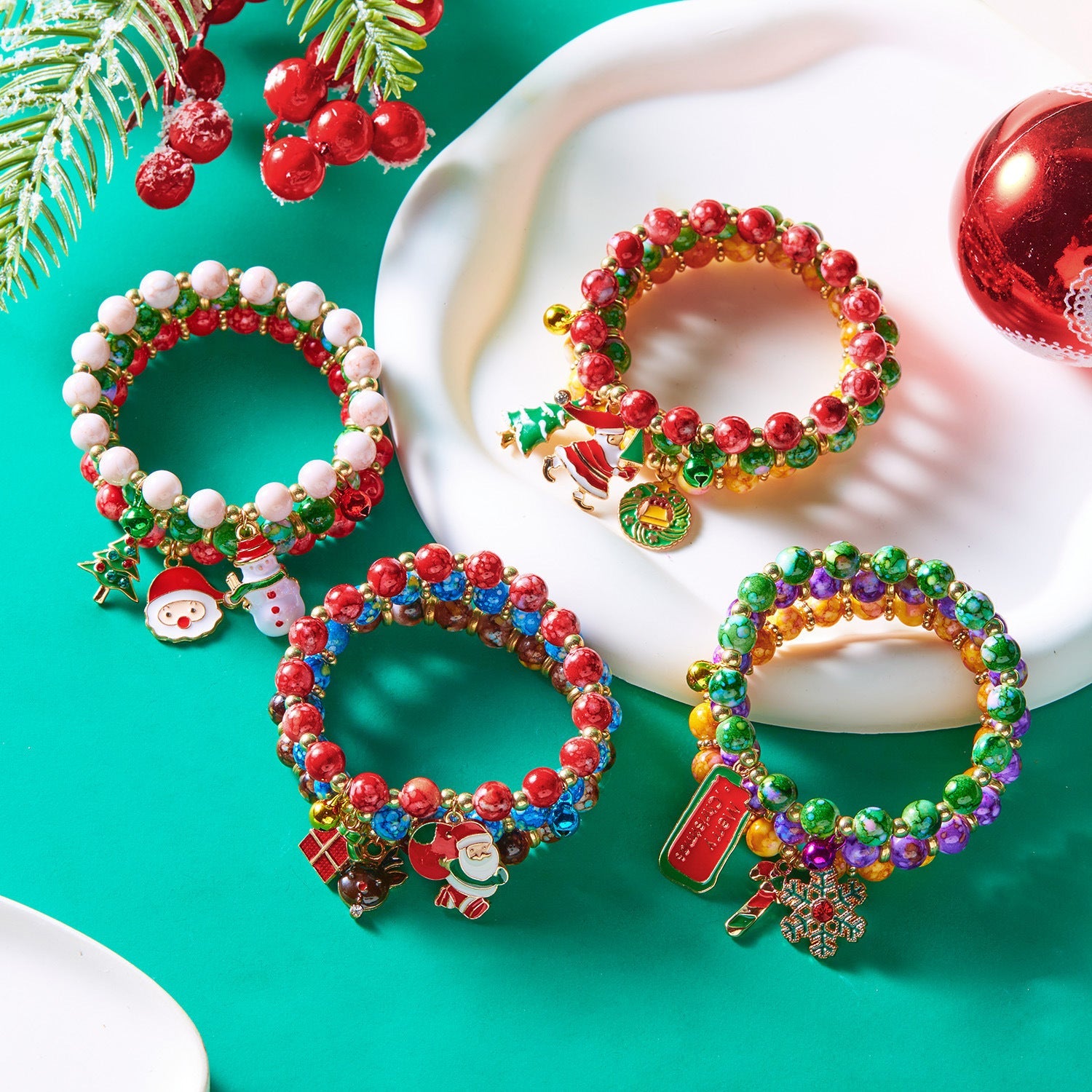 Europe And The United States Cross-border New Bracelet Three Christmas Christmas Tree Old Snowman Beaded Combination Bracelet Women Wholesale