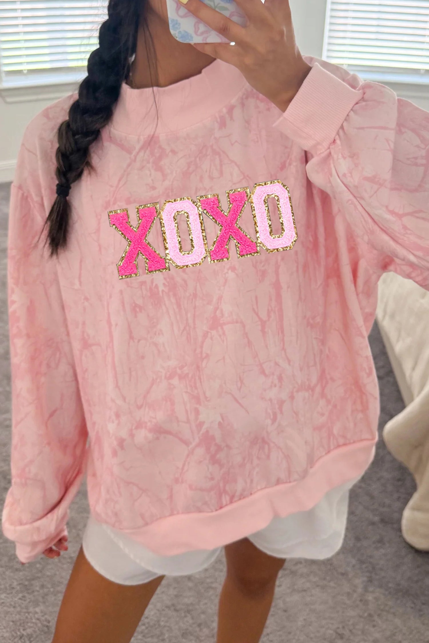 Pink XOXO Glitter Chenille Tie Dye Mock Neck Sweatshirt