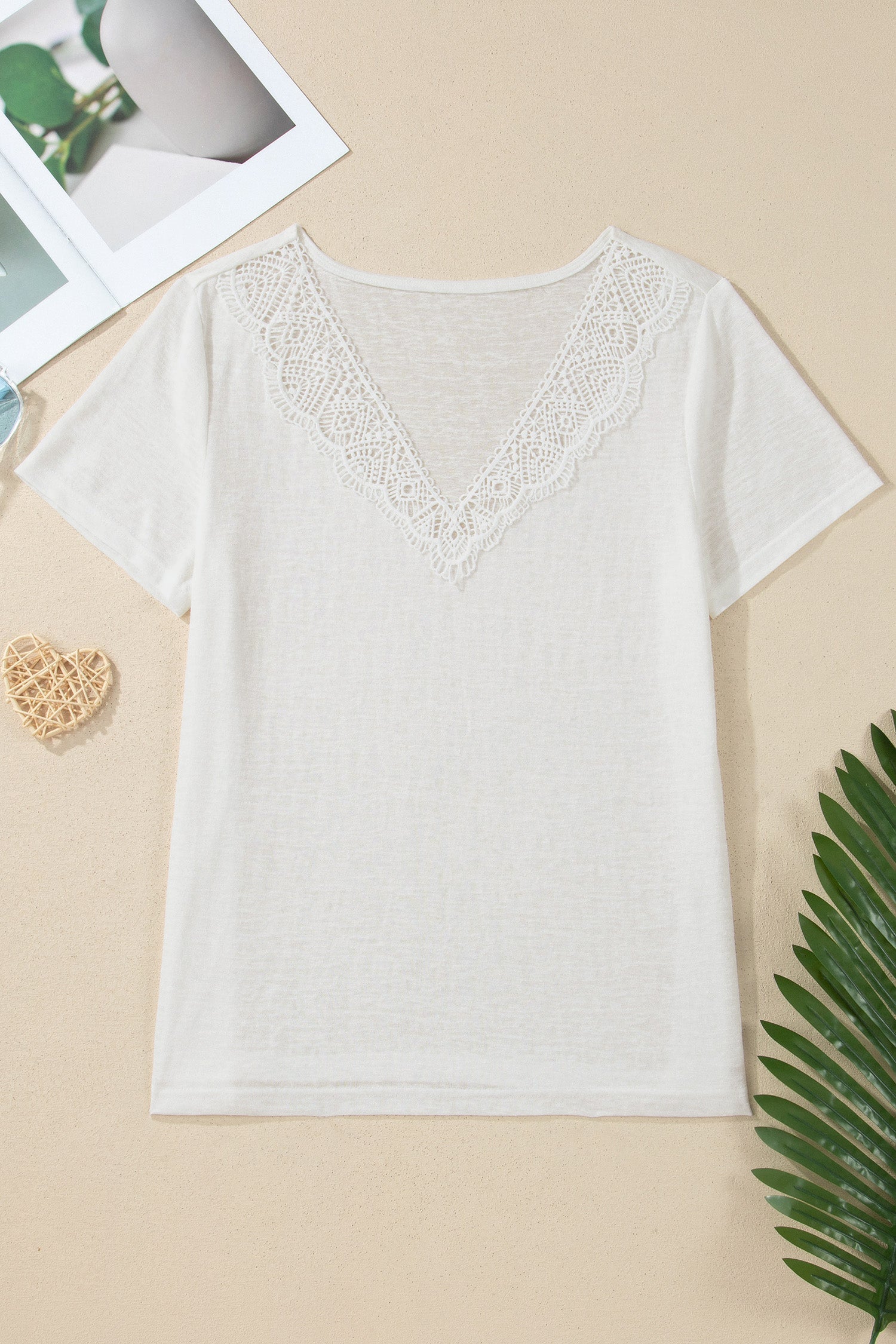 White Solid Hollowed Lace Trim V-Neck T-Shirt