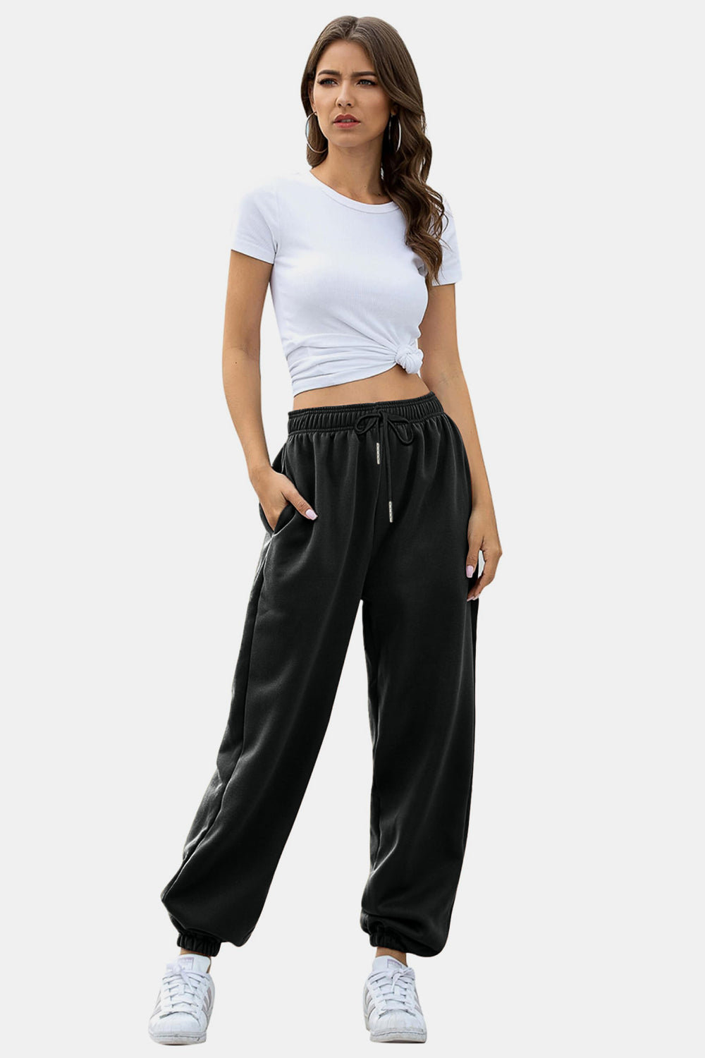 Women's Black Elastic Waist Jogger Pants with Side Pockets - Image 3
