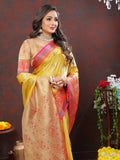 Close up of Yellow Kanjivaram silk saree with detailed Zari weaving patterns