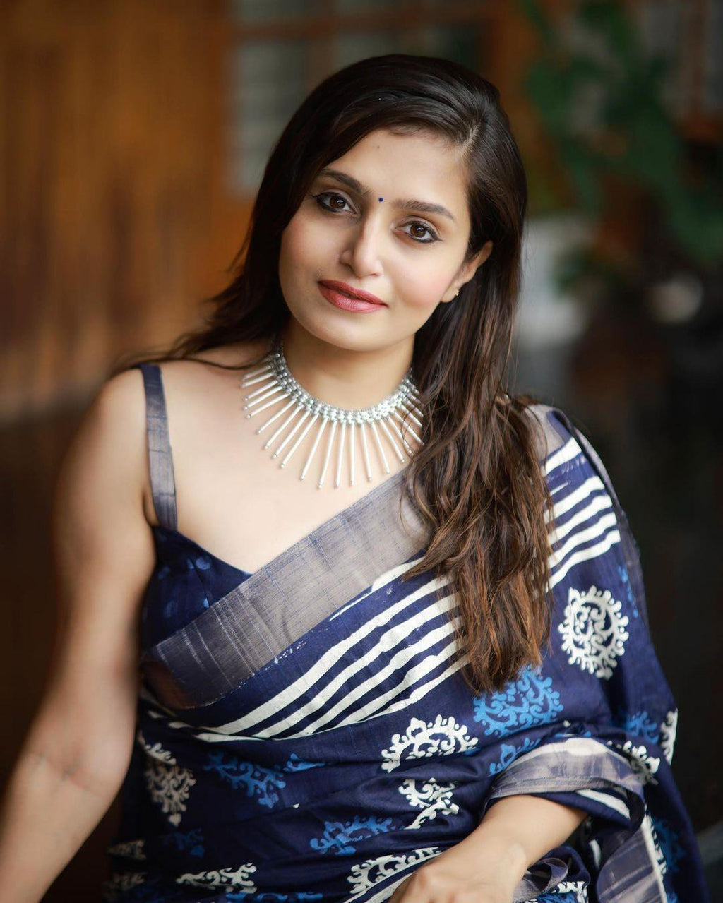 Blue Poly Silk Saree with Ethnic Motifs and Batik Blouse