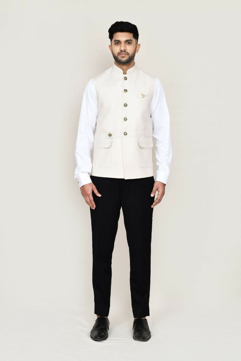 Men's Cream Cotton Satin Festive Jacket - Elegant Ethnic Layer
