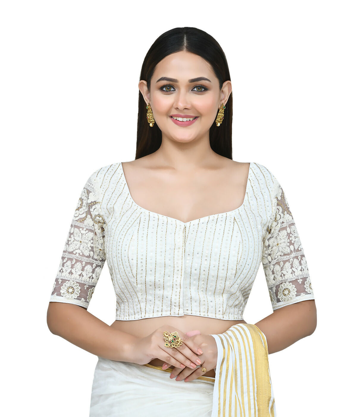 Close up of a women's white art silk stitched blouse with detailed embroidery work