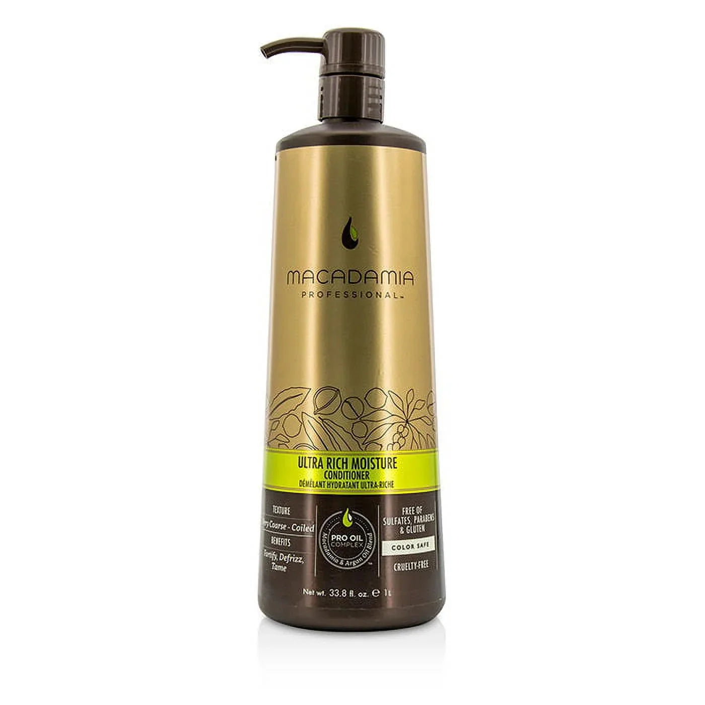 Gold, brown, and green bottle of Macadamia Professional Ultra Rich Moisture Conditioner.
