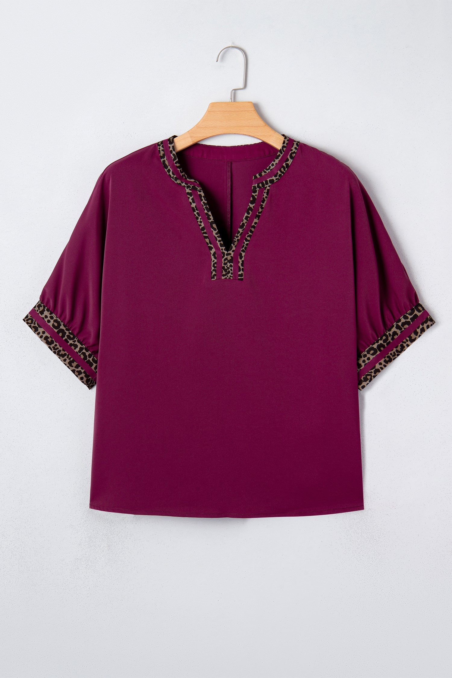 Leopard Print Contrast Trim V-Neck Short Sleeve Blouse