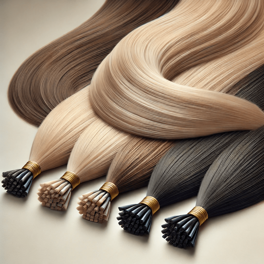 Model wearing 24-inch straight I-tip human hair extensions in multi-tonal blonde to black shades.