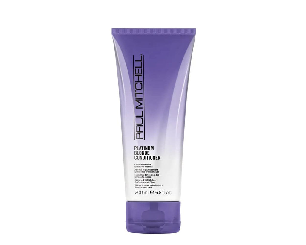 Bottle of Paul Mitchell Platinum Blonde Purple Conditioner for brassy hair care