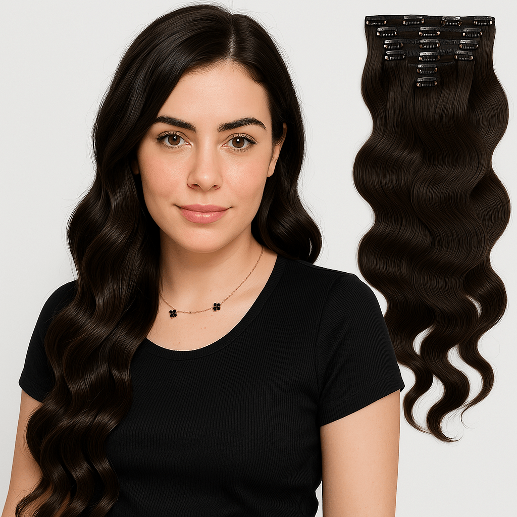 Model wearing 18-inch deep natural black body wave clip-in hair extensions