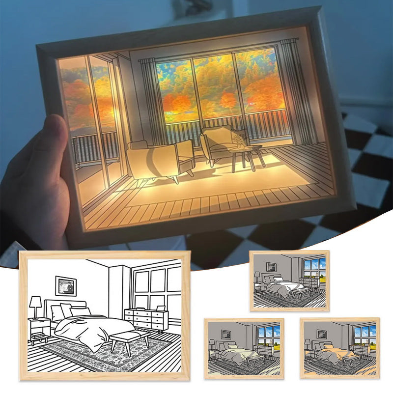 Modern LED light painting showing a creative sunshine drawing effect on a bedside table.