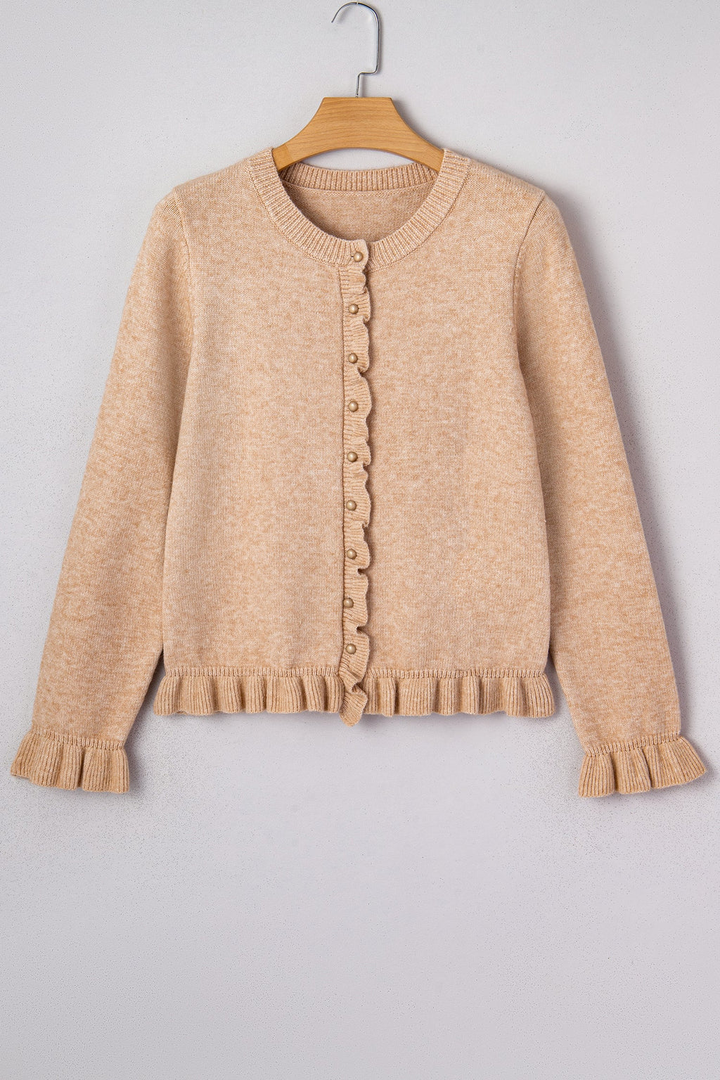 Solid Ruffle Trim Button Front Cardigan