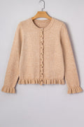 Solid Ruffle Trim Button Front Cardigan