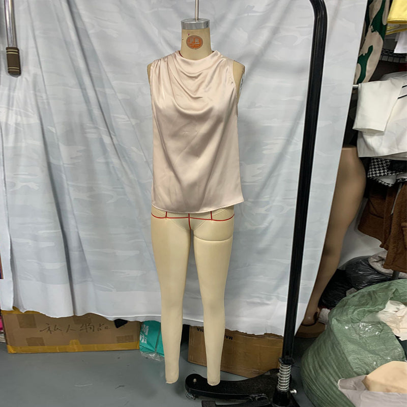 Women's Elegant Sleeveless Mock Neck Satin Drape Blouse - Image 5