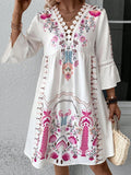 Feminine Lace Detail Printed Midi Dress for Summer
