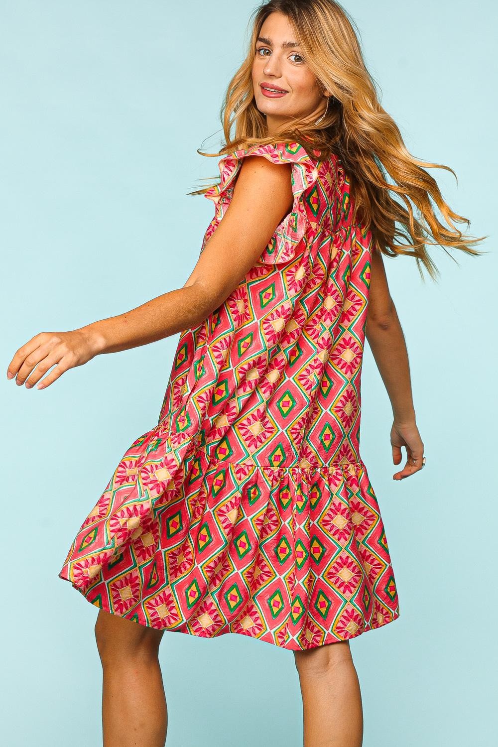 Ruffled Cotton Geometric Print Dress with Side Pockets