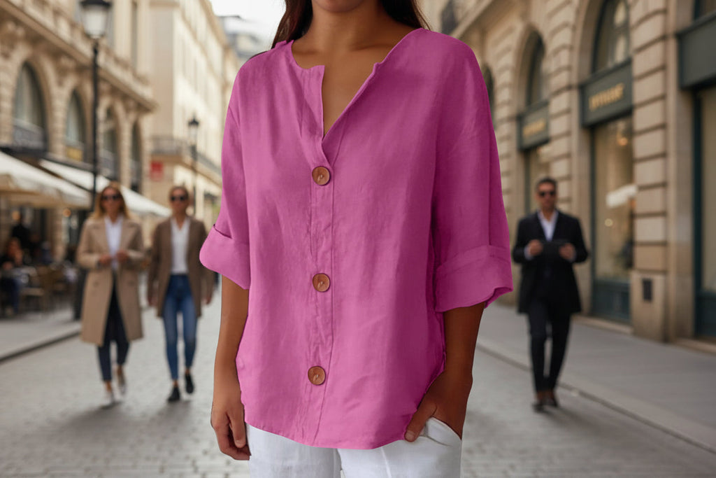 Women's V-Neck Cotton Linen Blouse with Button Front