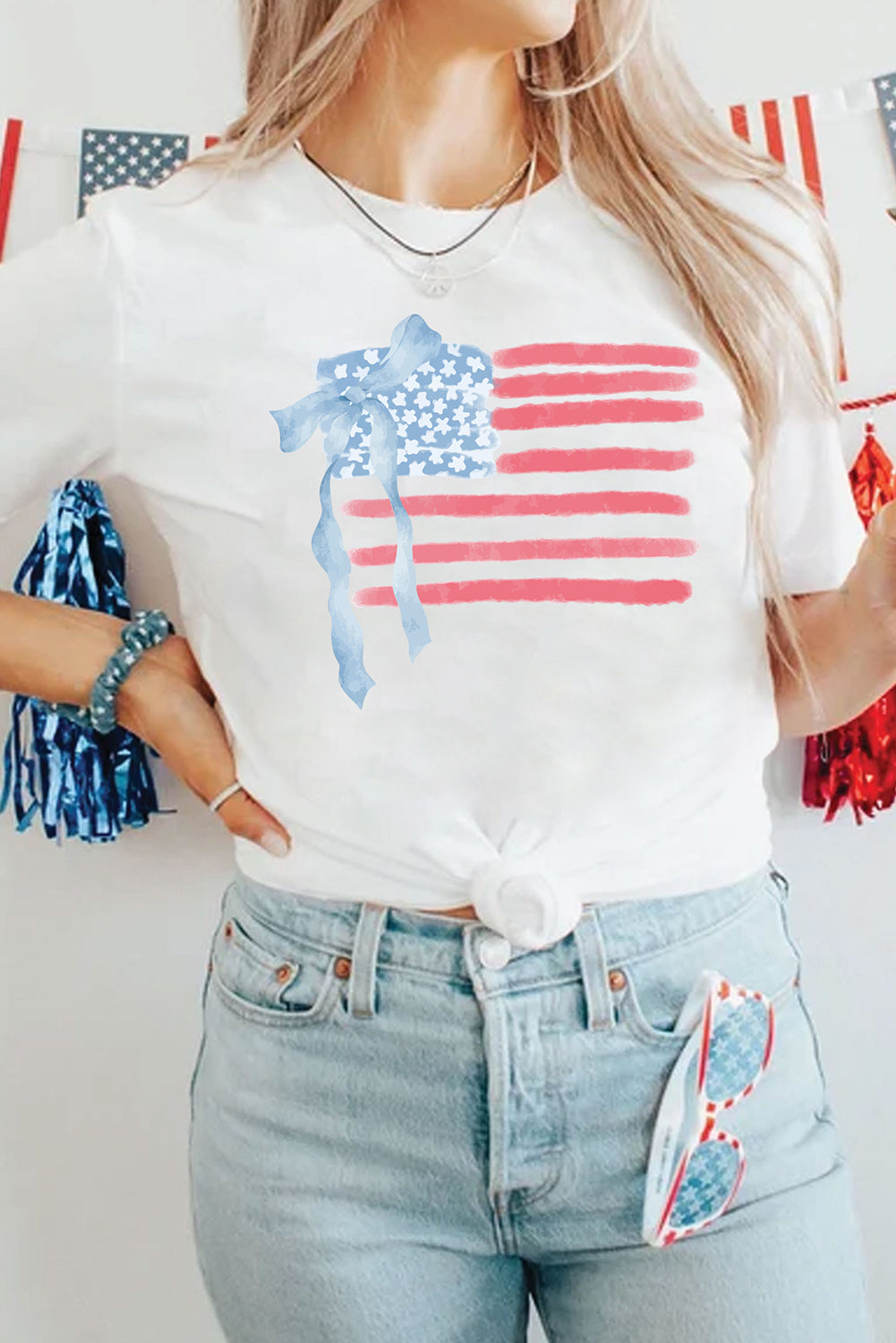 White American Flag Bow Knot Print Crew Neck Casual T-Shirt