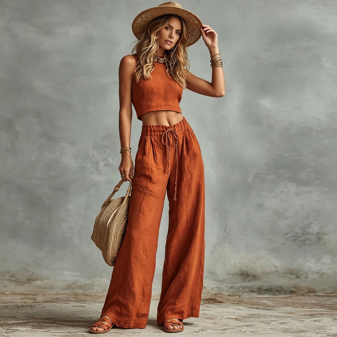 Rust Sleeveless Crop Vest and High-Waist Wide-Leg Pants Set - Image 9