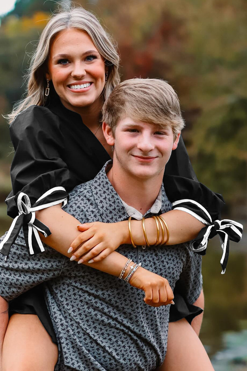 Black Contrast Trim Knot Cuffs V-Neck Mini Dress