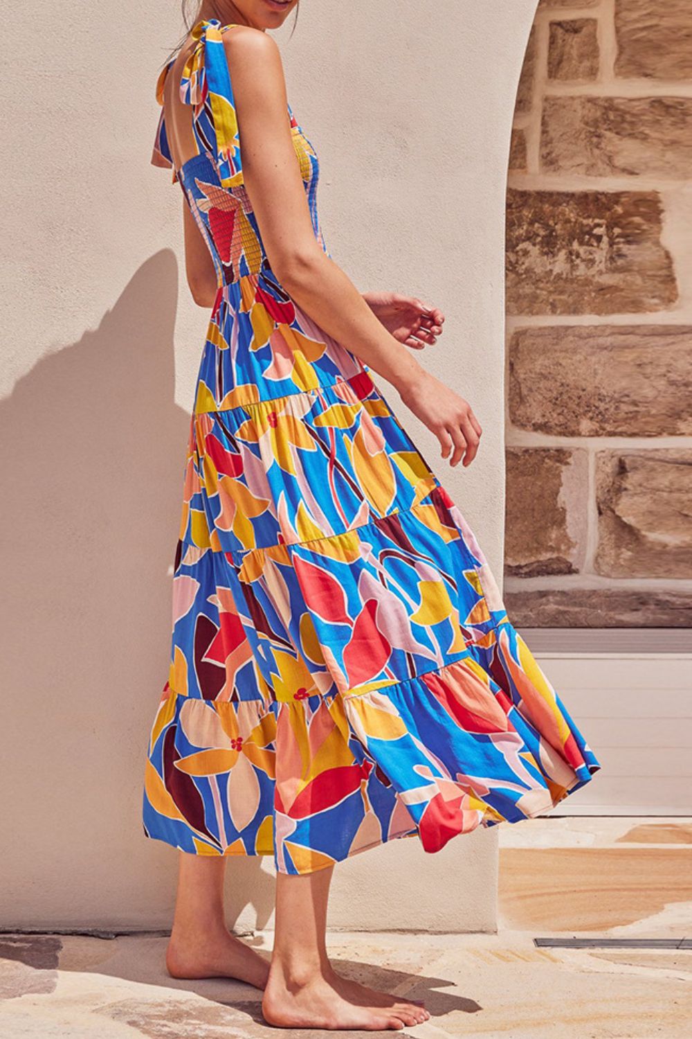 Floral Tie-Shoulder Smocked Maxi Dress for Summer Resort Wear