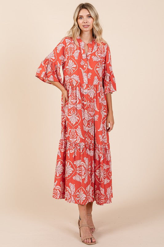 Abstract Leaf Print Tiered Ruffle Mini Dress
