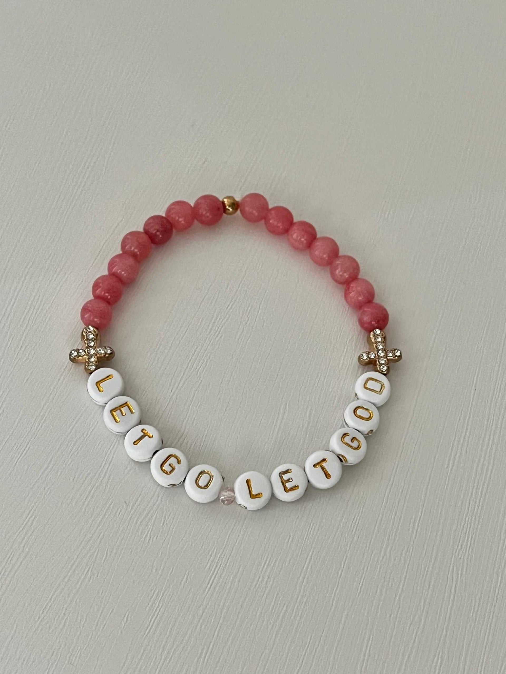 Let Go Let God Pink Marble Bead Bracelet with Gold Crosses