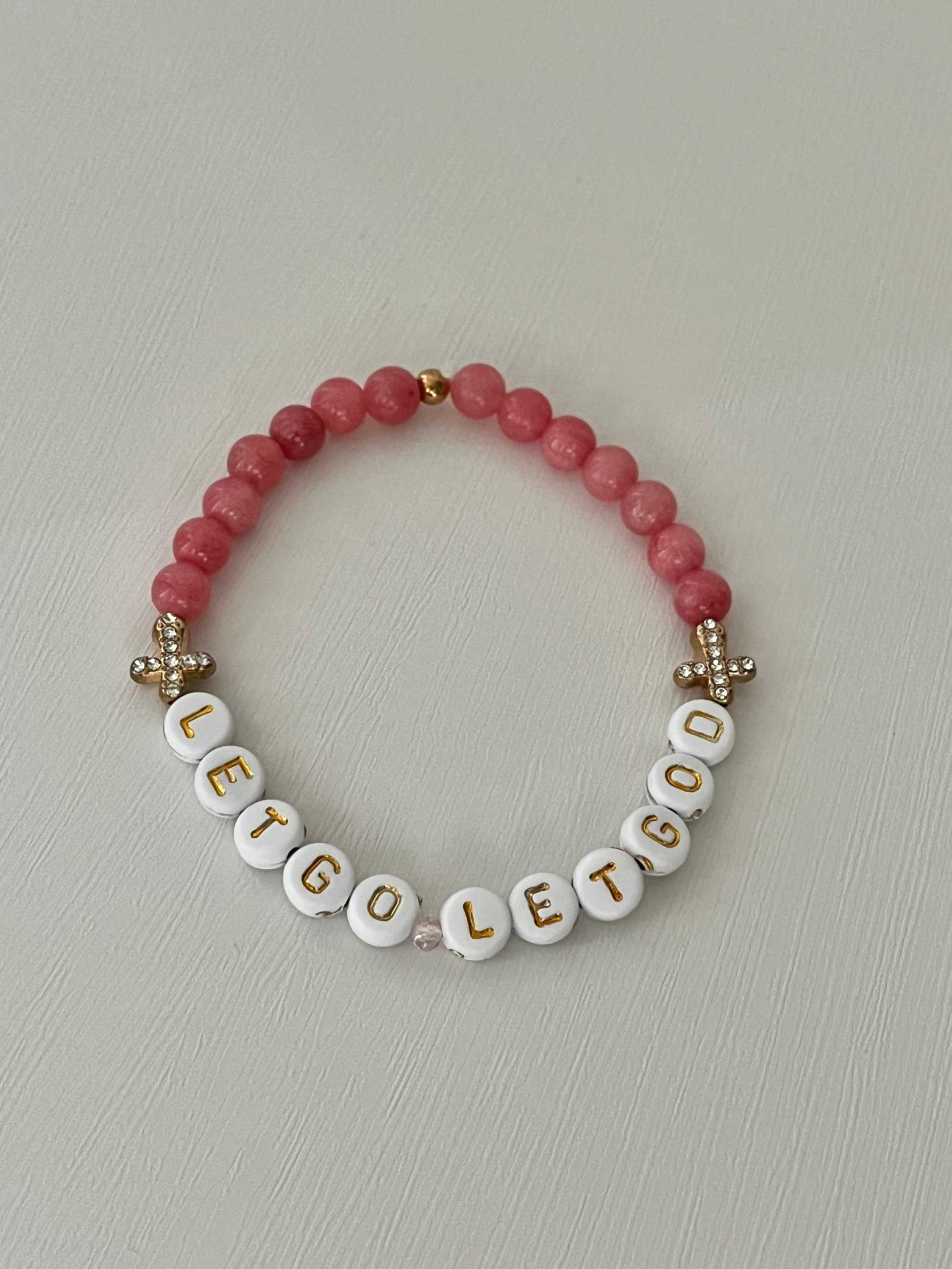 Let Go Let God Pink Marble Bead Bracelet with Gold Crosses