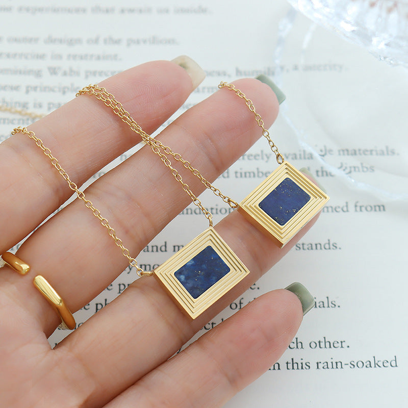 French-style Square Oil Painting Lapis Lazuli Necklace