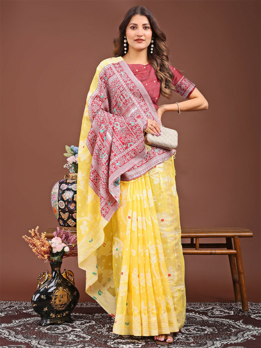 Yellow Linen Cotton Saree with Matching Blouse