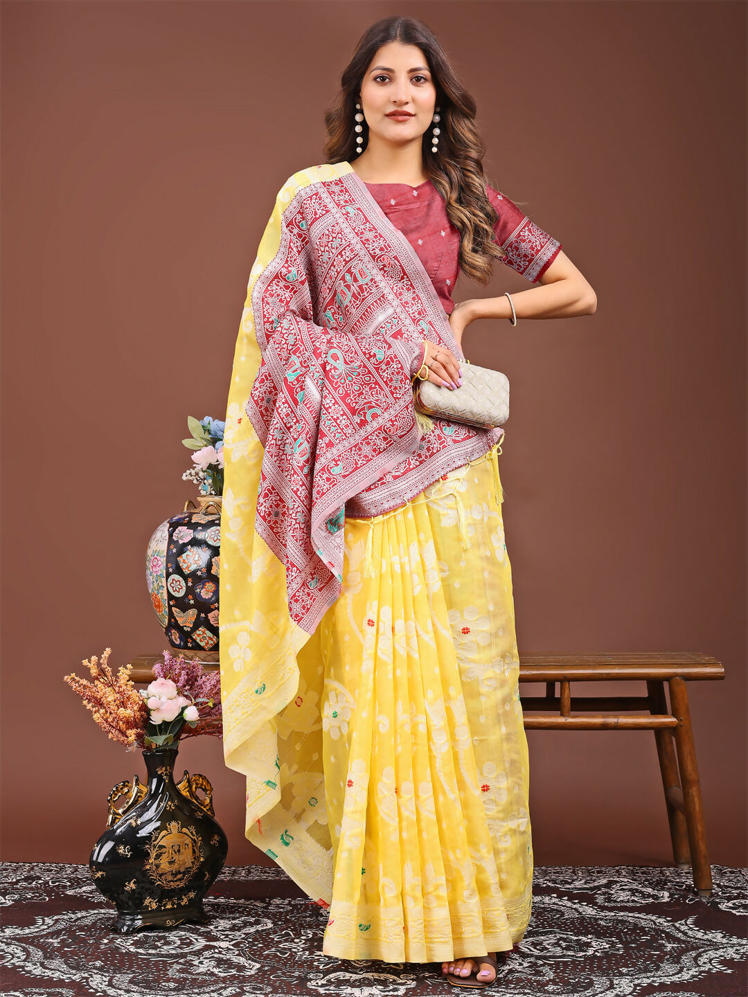 Yellow Linen Cotton Saree with Matching Blouse